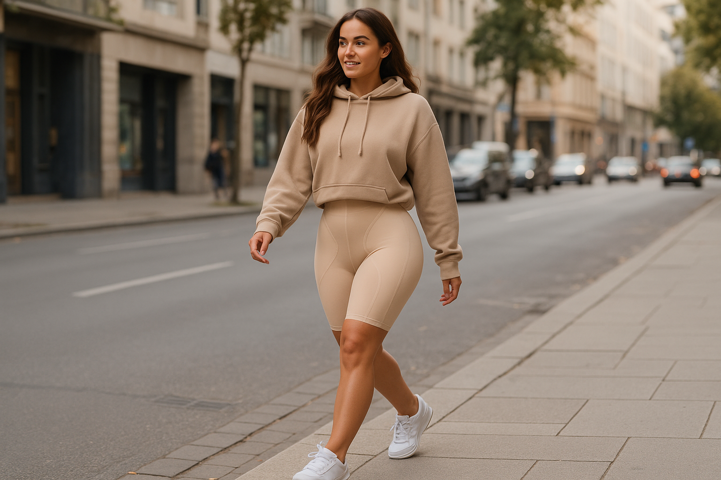 Mujer usando leggings moldeadores caminando - silueta estilizada