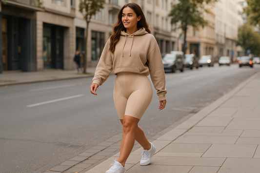 Mujer usando leggings moldeadores caminando - silueta estilizada